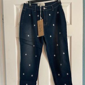 Sheryl Crow denim jeans stretch with embroidered stars on front NWT size 8